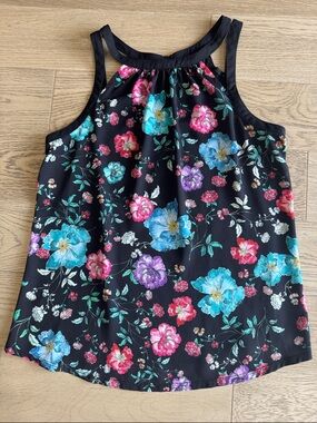 EXPRESS Black Floral Halter Tank with Multi-Color Blooms - medium